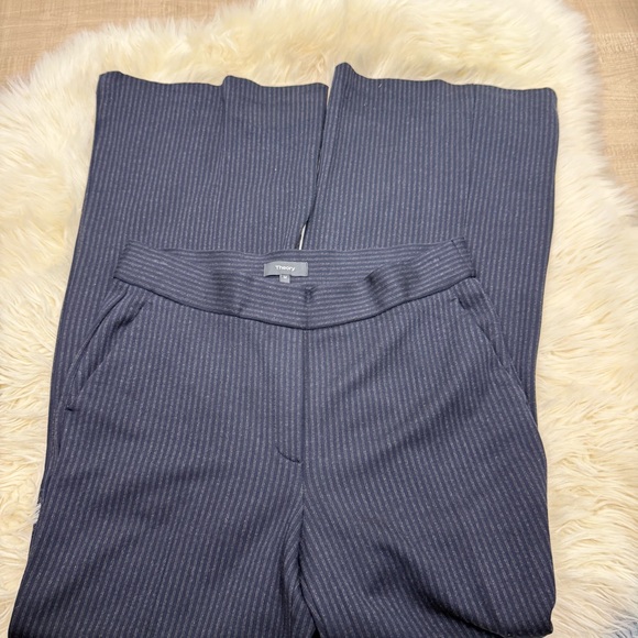 Theory Talbert Fairfield Knit Wide Leg Pinstripe Trousers Navy Blue Size M - Picture 2 of 9